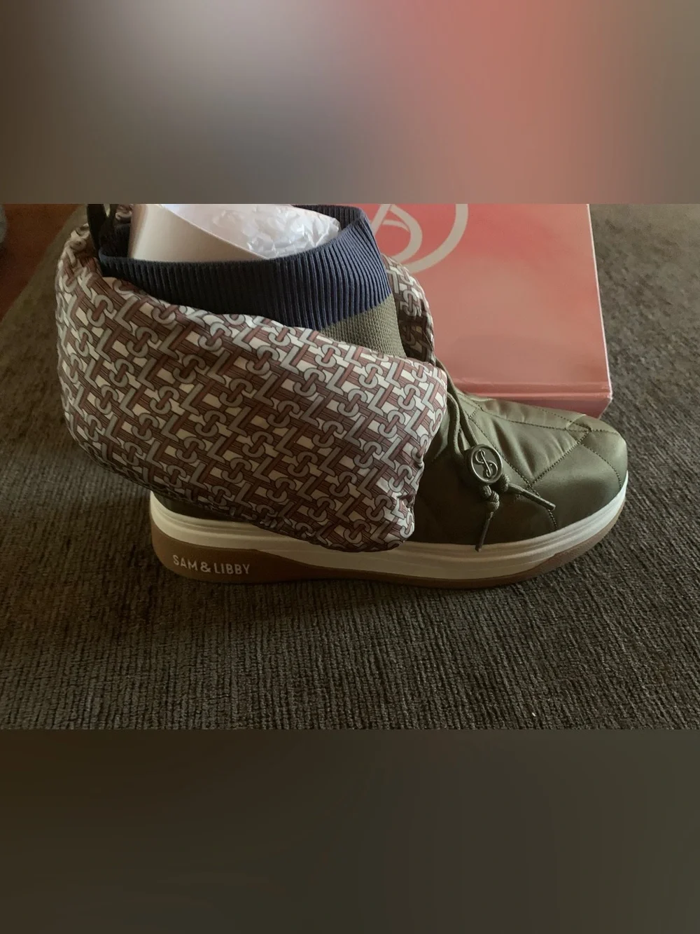 Sam & Libby Olive Quilted Ankle Boot with Patterned Cuff